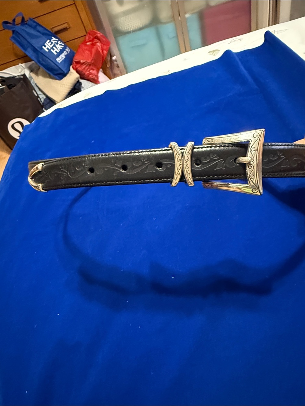 Brighton Black Leather Belt with silver Embossed Buckle